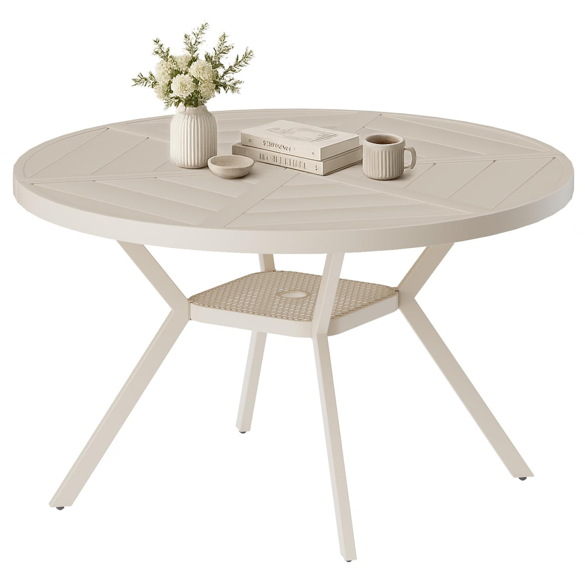 42" Outdoor Patio Table Dining Table All Weather Metal Round Patio Dining Table with Adjustable Umbrella Hole Patio Furniture for Lawn Garden Backyard, Sandshell