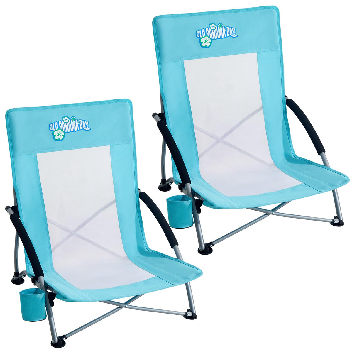 Old Bahama Bay Folding Beach Chair 2 Pack, Beach Chairs for Adults Low Beach Camping Chair with Cup Holder Mesh Back for Outdoor Fishing Sand Lawn, Supports up to 350lbs