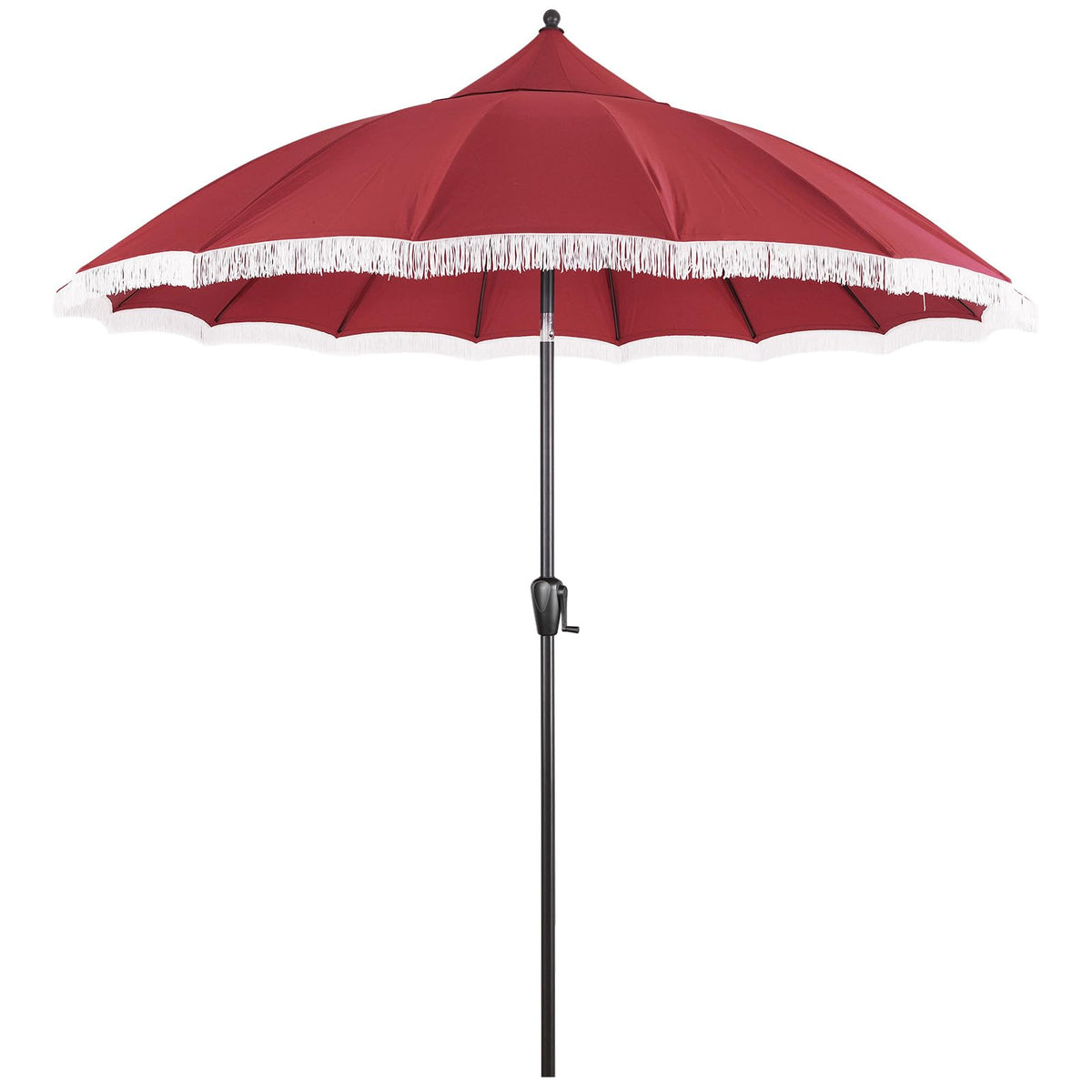 9' Patio Umbrella with Black Canopy and White Fringe Accents, Black Frame Market Umbrella for Patio, Deck, and Backyard by Sun-Ray