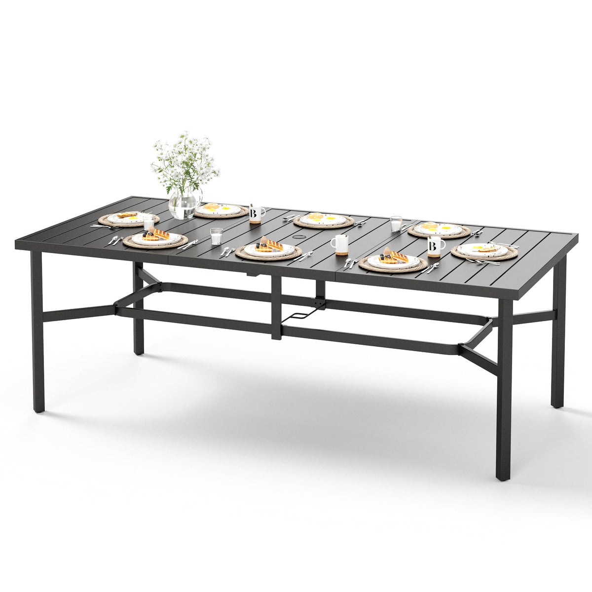 HERA'S HOUSE Outdoor Dining Table for 6, Brown Metal Table w/Umbrella Hole