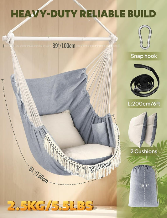 Chihee Hammock Chair Max 500 Lbs 2 Cushions Spreader Bar Strap Carabiner