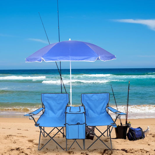 Outvita Folding Double Camping Chair w/Umbrella, Cooler for Beach Patio L