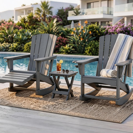 Adirondack Rocking Chair with Retractable Ottoman,Outdoor Folding Adirondack Chair with Cup Holder,HDPE All-Weather Patio Lounge Chair for Porch,Lawn, Poolside, Grey