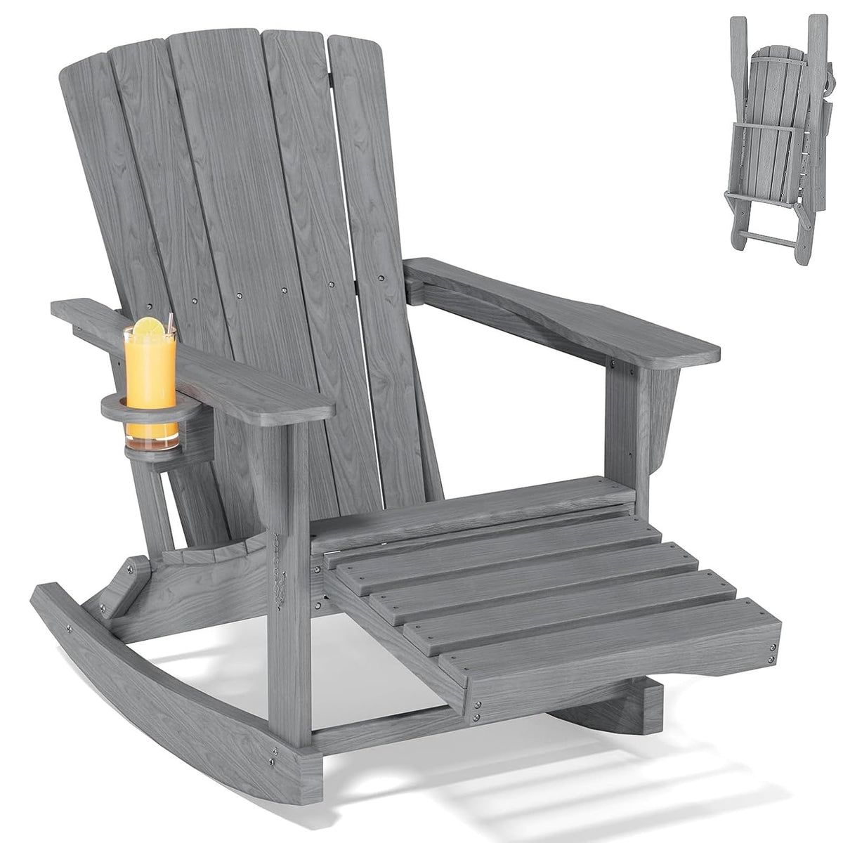 Adirondack Rocking Chair with Retractable Ottoman,Outdoor Folding Adirondack Chair with Cup Holder,HDPE All-Weather Patio Lounge Chair for Porch,Lawn, Poolside, Grey