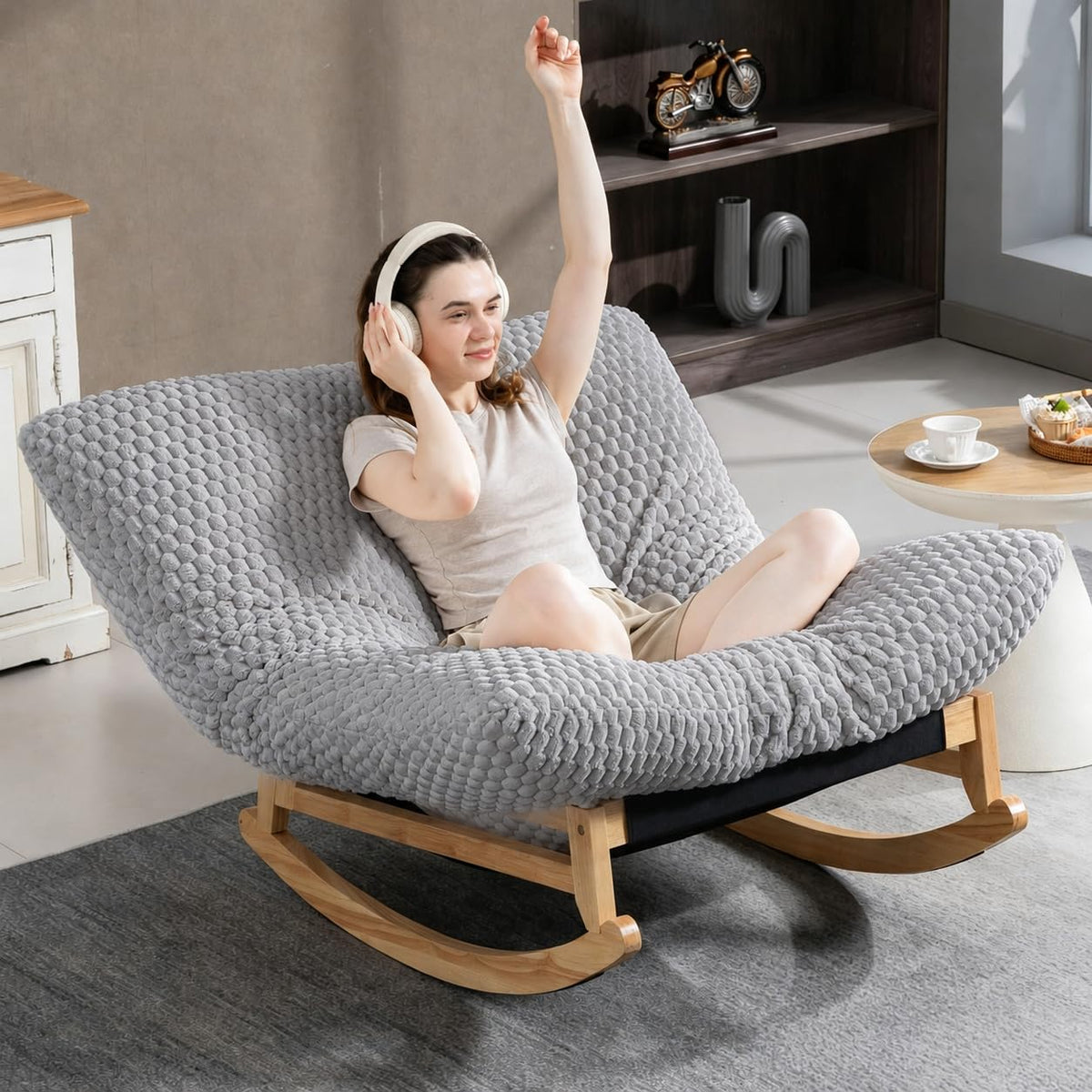 Oversized Papasan Rocking Chair Indoor with Bean Bag Cushion (Green)