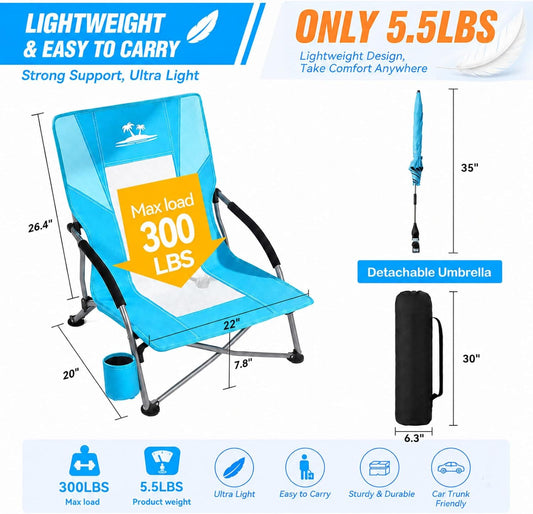 Folding Beach Chair for Adults with UPF 50+ Umbrella, Lightweight Low Beach Chair with Mesh Back, Portable Camping Chair with Carry Bag for Outdoor Beach Lawn Camping, 300lbs Capacity(Blue)