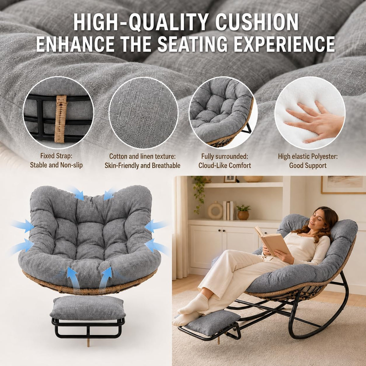 Oversized Rocking Chair with Zero-Gravity Foot Rest & Ottoman, Comfy Lounge Chair for Patio, Porch, Balcony, Indoor Reading Nook, Big Cozy Chaise Chair for Outdoor & Home Use, Grey