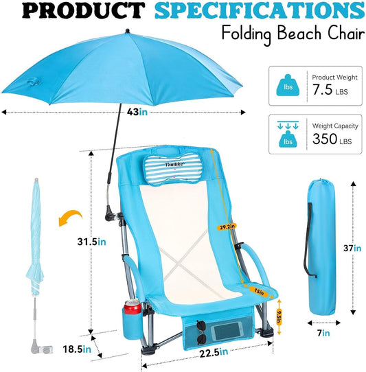 Low Beach Chair with Umbrella High Back Folding Camping Chair for Adults Breathable Mesh Seat and Back with Padded Headrest Cup Holder Storage Pocket Adjustable Tilt Sunshade Portable for Beach