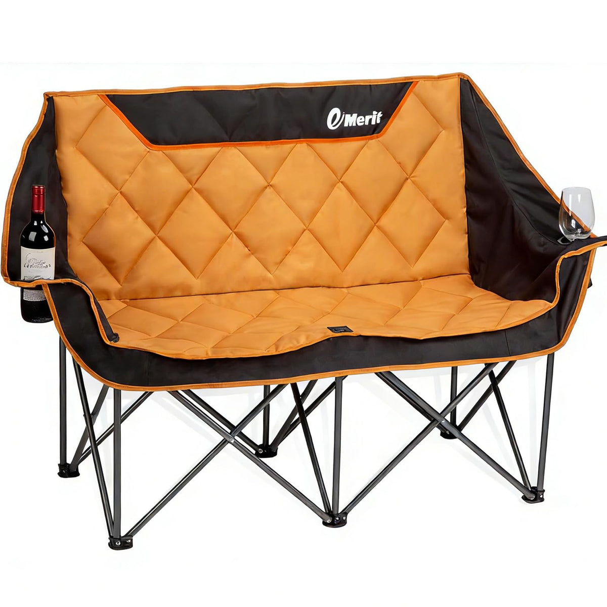 EMERIT Oversized Fully Padded Camping Chair, Heavy Duty 650LB Folding Camping Loveseat, Quad Fold Double Camping Couch with Cup Holders & Carry Bag for Outdoor, Lawn, Sports Events Black