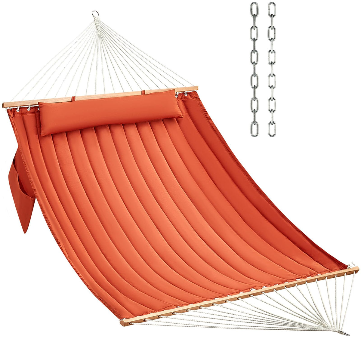 CHULIM Double Quilted Fabric Hammock with Hardwood Spreader Bars and Pillow 450 LBS Capacity 2 Person Large Hammock for Outdoor Patio Backyard Poolside - Green