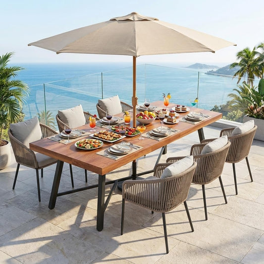 DWVO Industrial Acacia Wood Dining Table 68.9", Heavy Duty Outdoor Rectangle Table with Metal Legs, 500lbs Capacity Patio Dining Table with Umbrella Hole for 6-8 People Indoor Outdoor Use