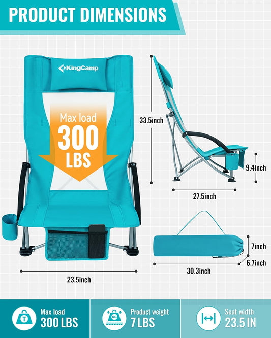 KingCamp Low Beach Chairs 2 Pack, Folding Portable High Back Chair