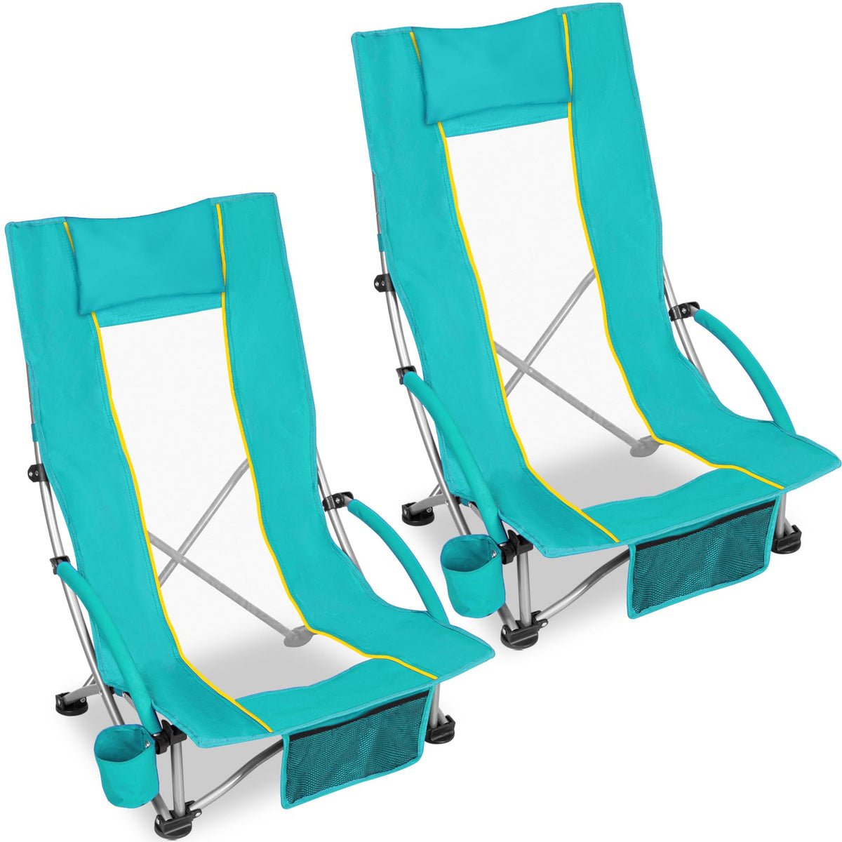 Romswi High Back Beach Chair, Compact Lightweight Low Seat Camping Chair, Fits in Suitcase, 300lbs Heavy Duty Oversized Backpack Chair with Cup Holder & Storage Bag, Green