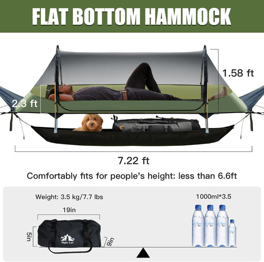 Night Cat Flat Lay Hammock Tent with Mosquito Net Waterproof Rainfly for 1 Person Backpacking Hiking Camping Lightweight 330LBS 87x28x19in