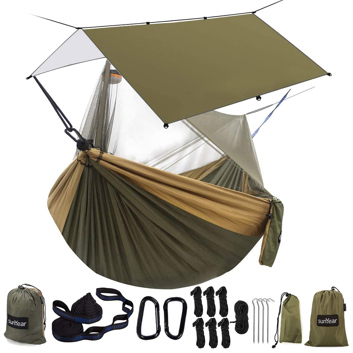 Sunyear Hammock Camping with Rain Fly Tarp and Net, Portable Camping Hammock Double Tree Hammock Outdoor Indoor Backpacking Travel & Survival, 2 Tree Straps,100% Waterproof Green Bundle