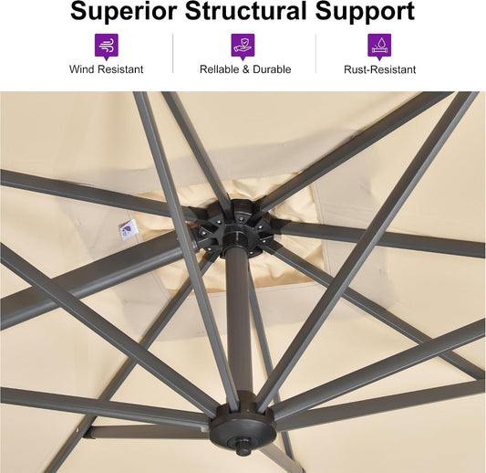 PURPLE LEAF Patio Umbrella with Base 9' x 11.5' 360° Rotation Control Beige