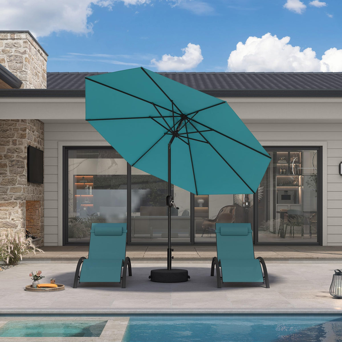 PURPLE LEAF Pool Market Umbrella with Base 9' UV Protection Outdoor, Beige