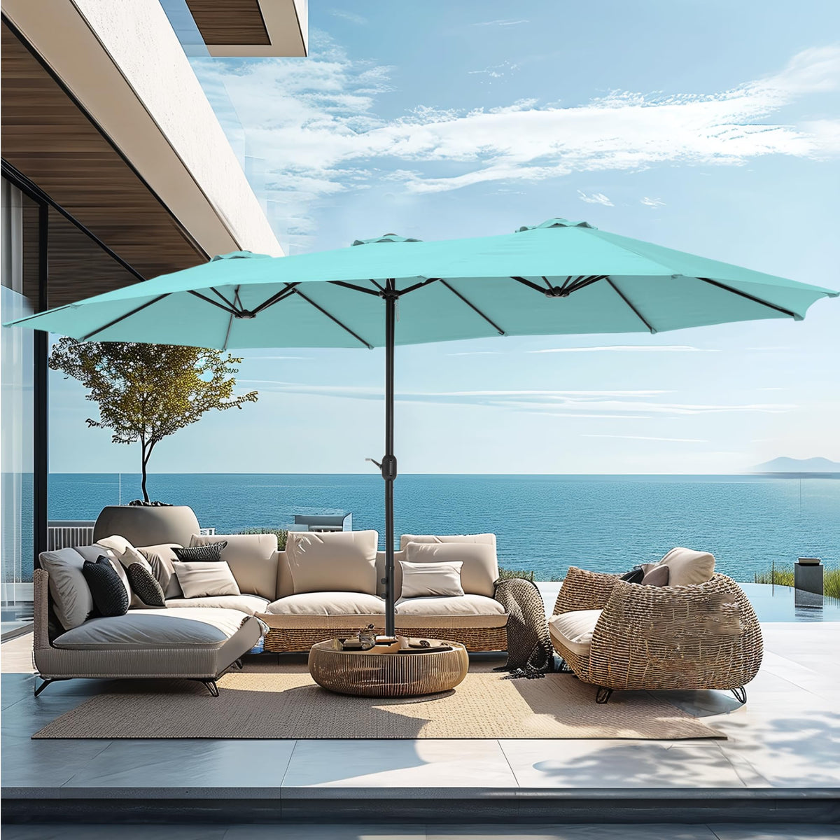 PHI VILLA 15ft Large Outdoor Patio Umbrella with Base Included, Beige