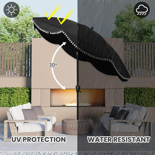 9' Patio Umbrella with Black Canopy and White Fringe Accents, Black Frame Market Umbrella for Patio, Deck, and Backyard by Sun-Ray