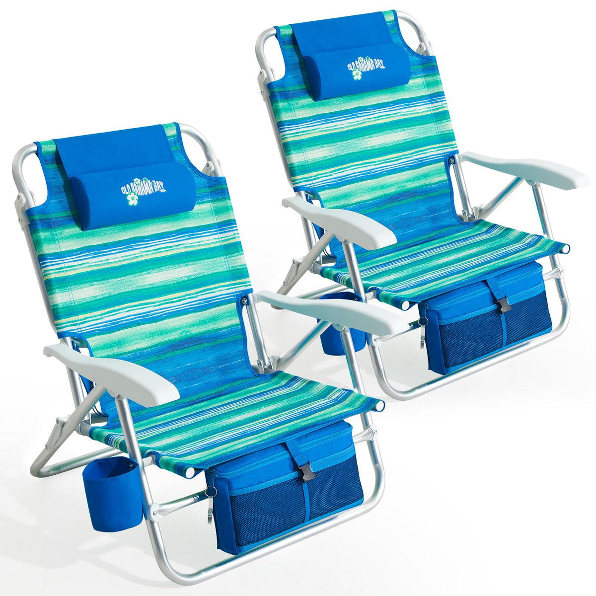 Old Bahama Bay Beach Chairs for Adults, 7-Position Classic Lay Flat Beach Chair Reclining Beach Chair, Portable Aluminum Backpack Beach Chair with Towel Bar & Cooler Bag