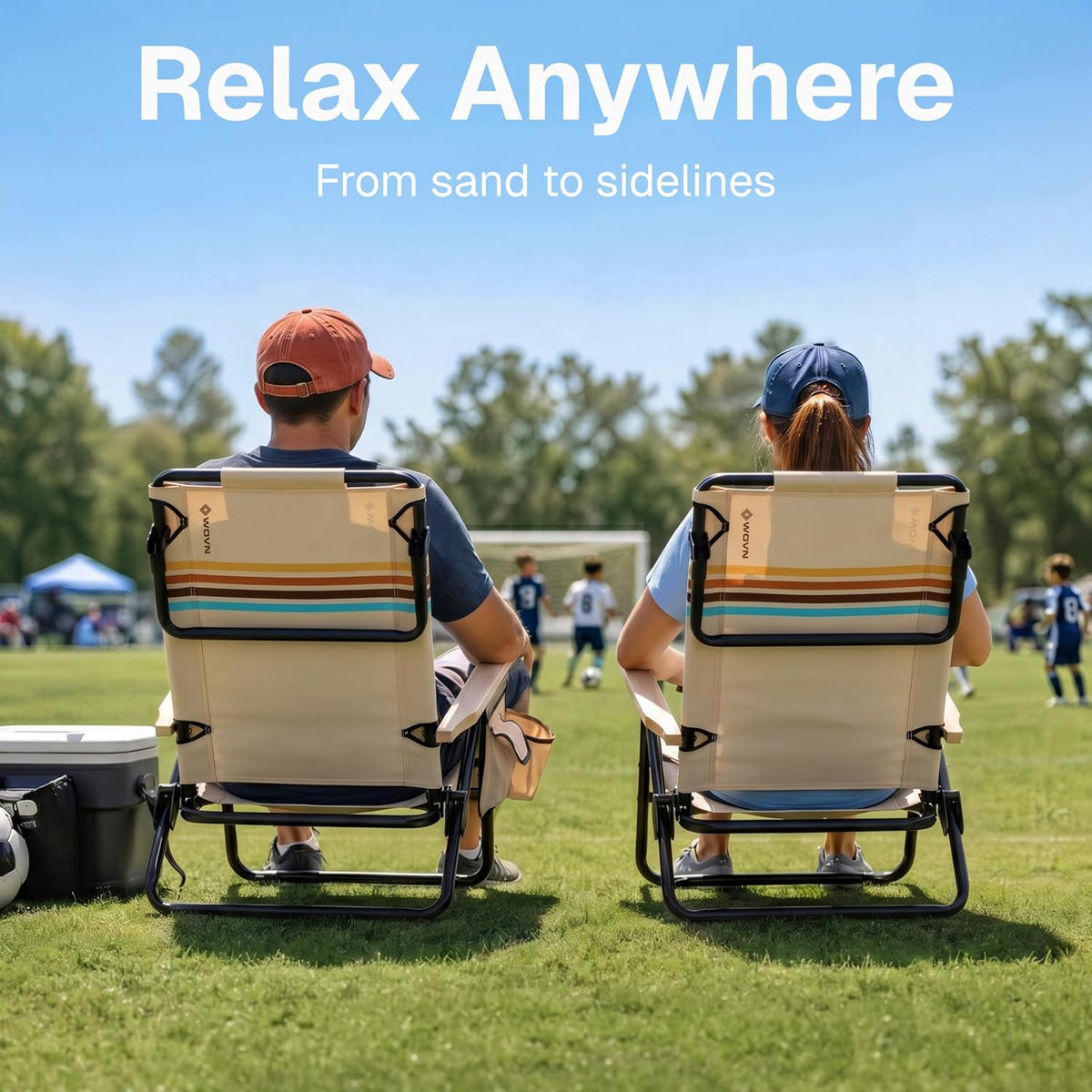 WOVN Premium Reclining Beach Chairs - Portable Lay Flat Folding Beach Chair for Adults - Includes Shoulder Backpack Strap, Pillow, 2 Pockets, and Cup Holder - Drifter