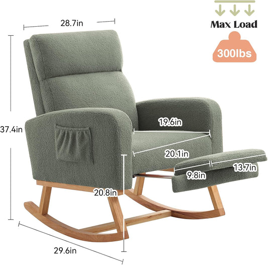 HCHAIRH Rocking Chair Nursery with Foot Rest, Nursing Rocking Chairs for Mom Nursery, Teddy Rocker Glider with High Backrest for Living Room, Bedroom, Teddy Green