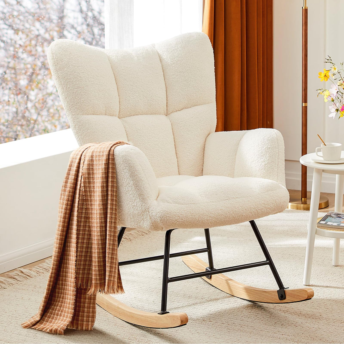 DUMOS Nursery Rocking Chair Teddy Upholstered, Comfy Glider Rocker with High Backrest Armchair Padded Seat, Accent Side Chair for Living Room Bedroom Offices Small Spaces Indoor, Beige