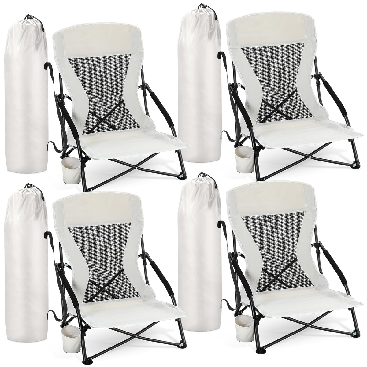 Menkxi 2 Pack Low Beach Chairs for Adults, Portable Folding Sand Chairs with Cup Holder and Carry Bag, Lightweight High Back Camping Chair for Beach Trips, Concerts, BBQ, Lawn, Outdoor (Army Green)