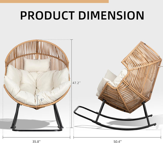 JAMFLY Egg Chair Rocking Chairs, Wicker Patio Chair Oversized Lounger Chair with Cushion for Indoor Living Room Bedroom Outdoor Patio Backyard Balcony Garden, Cream White