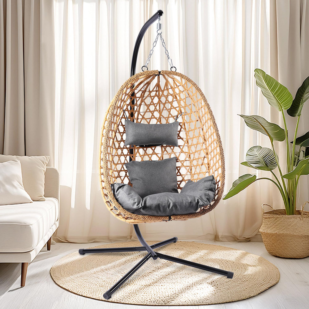 LEX CRAFT Egg Chair with Stand, Patio Wicker Hanging Chair, Hammock Swing Chair, 350LBS Capacity for Bedroom, Balcony, Garden (YE-BE)
