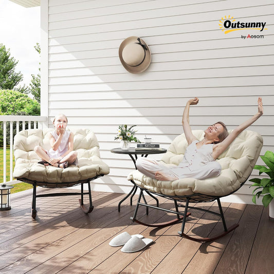 Outsunny Outdoor Rocking Chair Set of 2 Oversized with Cushions Beige