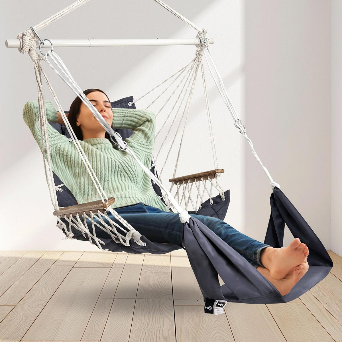 Hammock Chair Hanging Swing,with Footrest&Wooden Armrest;Dark Grey