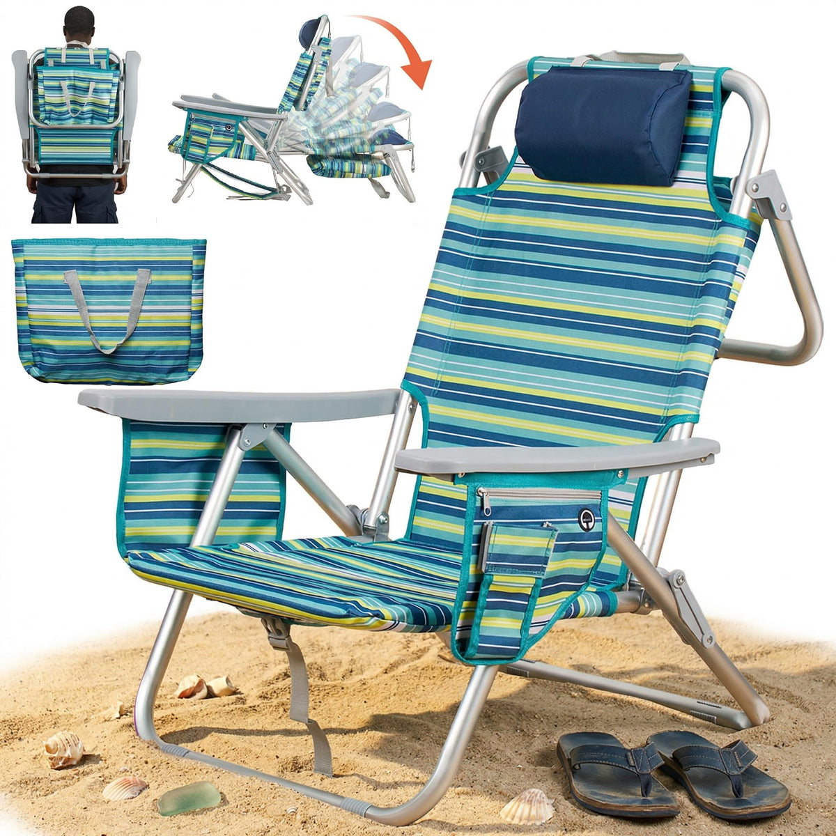 Aluminum Backpack Low Profile Beach Chair - 5-Position Lay Flat Reclining Folding Chair with Removable Cooler Bag - Heavy Duty 330 lbs Capacity, Lightweight Portable Sand Seat(1, Stripe Blue)