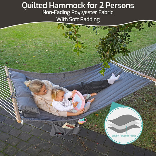 CHULIM Double Quilted Fabric Hammock with Hardwood Spreader Bars and Pillow 450 LBS Capacity 2 Person Large Hammock for Outdoor Patio Backyard Poolside - Green