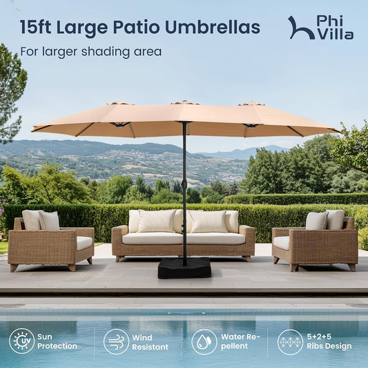 PHI VILLA 15ft Large Outdoor Patio Umbrella with Base Included, Beige