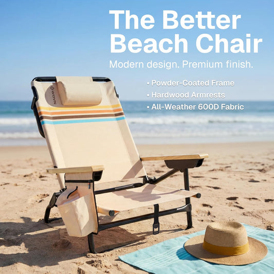 WOVN Premium Reclining Beach Chairs - Portable Lay Flat Folding Beach Chair for Adults - Includes Shoulder Backpack Strap, Pillow, 2 Pockets, and Cup Holder - Drifter