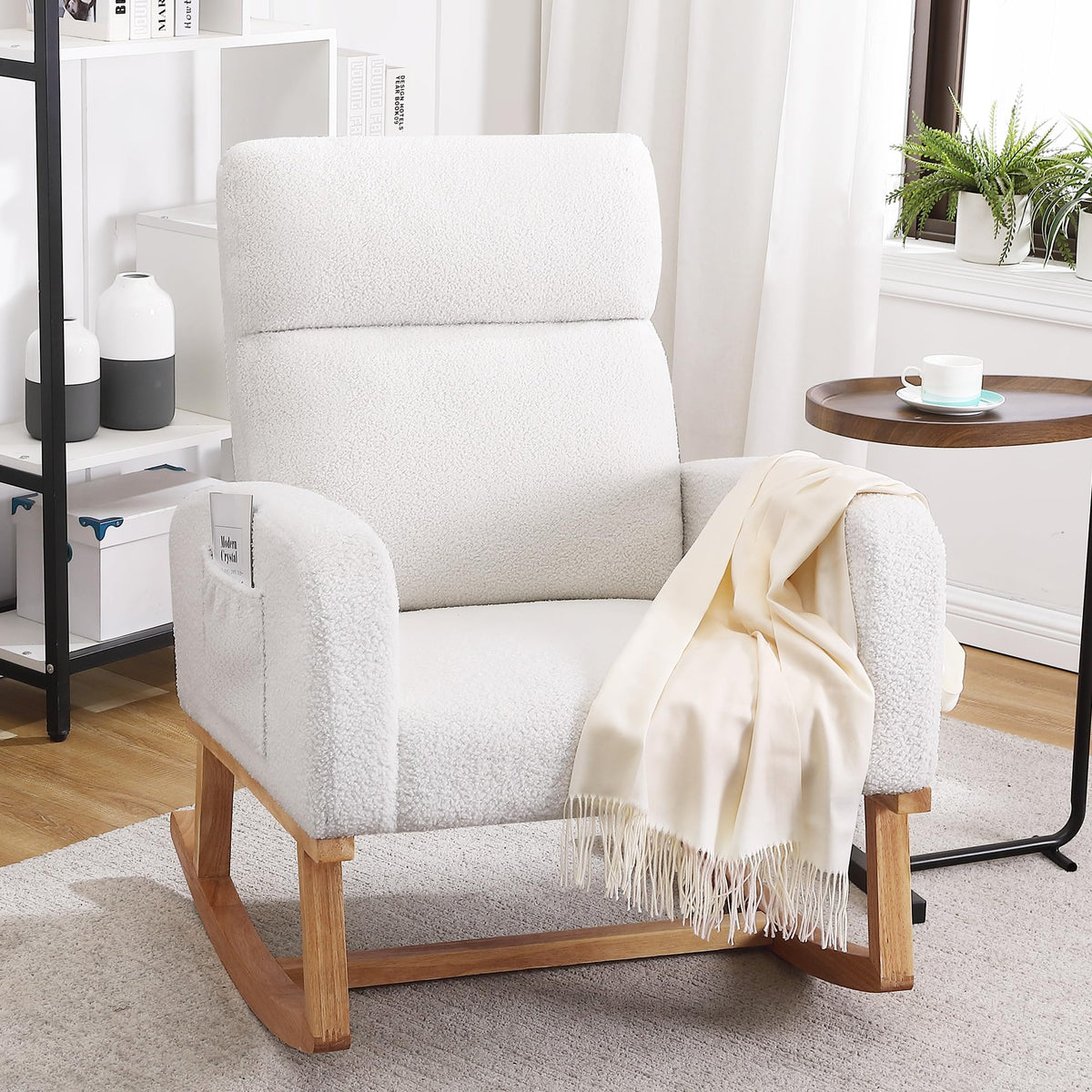 HCHAIRH Rocking Chair Nursery, Boucle Teddy Nursing Rocking Chairs, Upholstered Nursery Glider Rocker for Mom Nursery Morden Accent Rocking Chair with Side Pocket for Living Room,Bedroom, Light Green