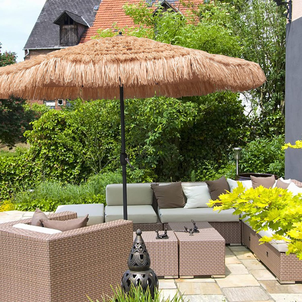 AMMSUN 9ft Hula Thatched Tiki Umbrella Hawaiian Style Beach Patio Umbrella and 8 Ribs with Crank Lift UPF 50+ Outdoor Tiki Bar, Tropical Palapa, Patio Garden Beach Pool Backyard Natural Color