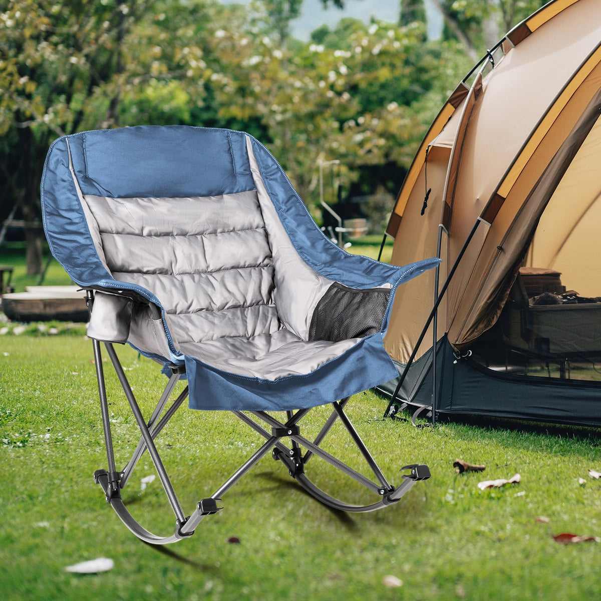 Oversized Rocking Camping Chair for Adults - 400lbs Capacity Padded Camp Chair with Cup Holder, Portable Foldable Outdoor Rocker Chair for Camping, Backyard, Patio (Blue & Gray)