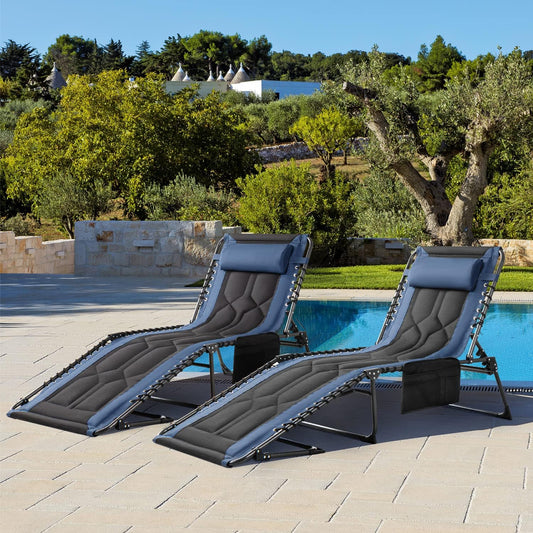 Flamaker Folding Chaise Lounge Outdoor Portable Lounge Chairs 4-Position Adjustable Camping Lounge Chair with Pillow & Side Bag Lightweight Recliner Sunbathing Chair for Pool Beach Deck (Blue)