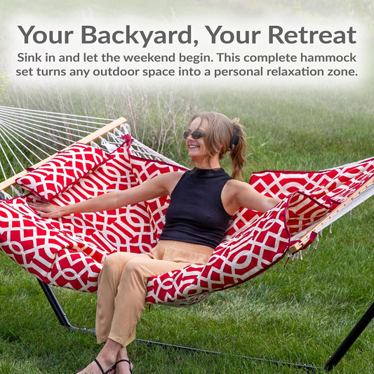 Sunnydaze Rope Hammock with Stand for Outside, Heavy Duty, Royal Red