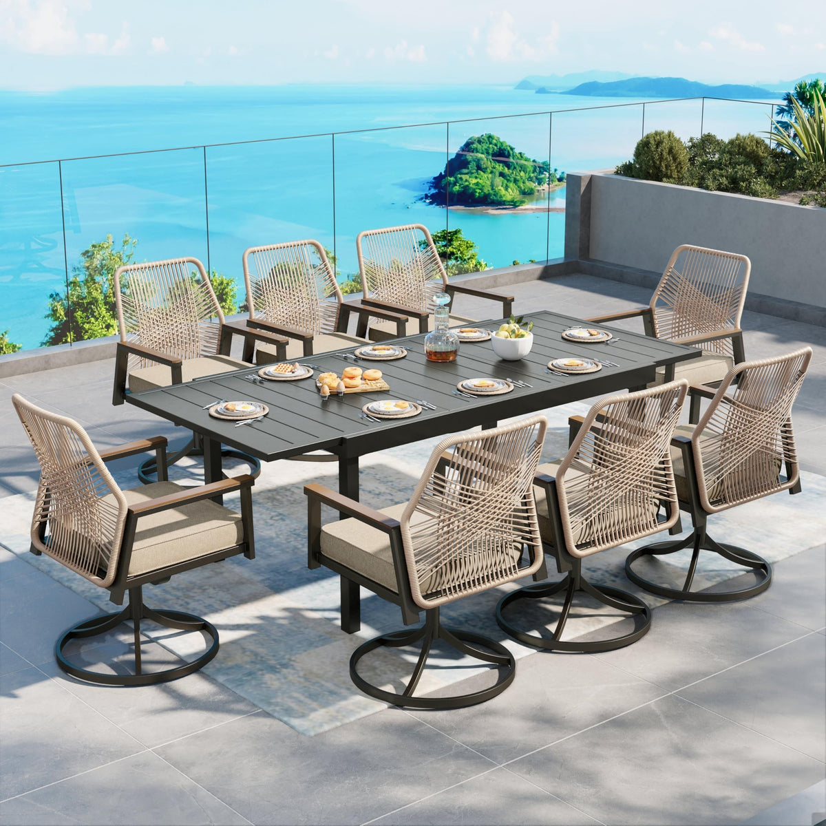 SUNSHINE VALLEY 9pc Patio Dining Set, 57.5" Square Table & 8 Rattan Chairs