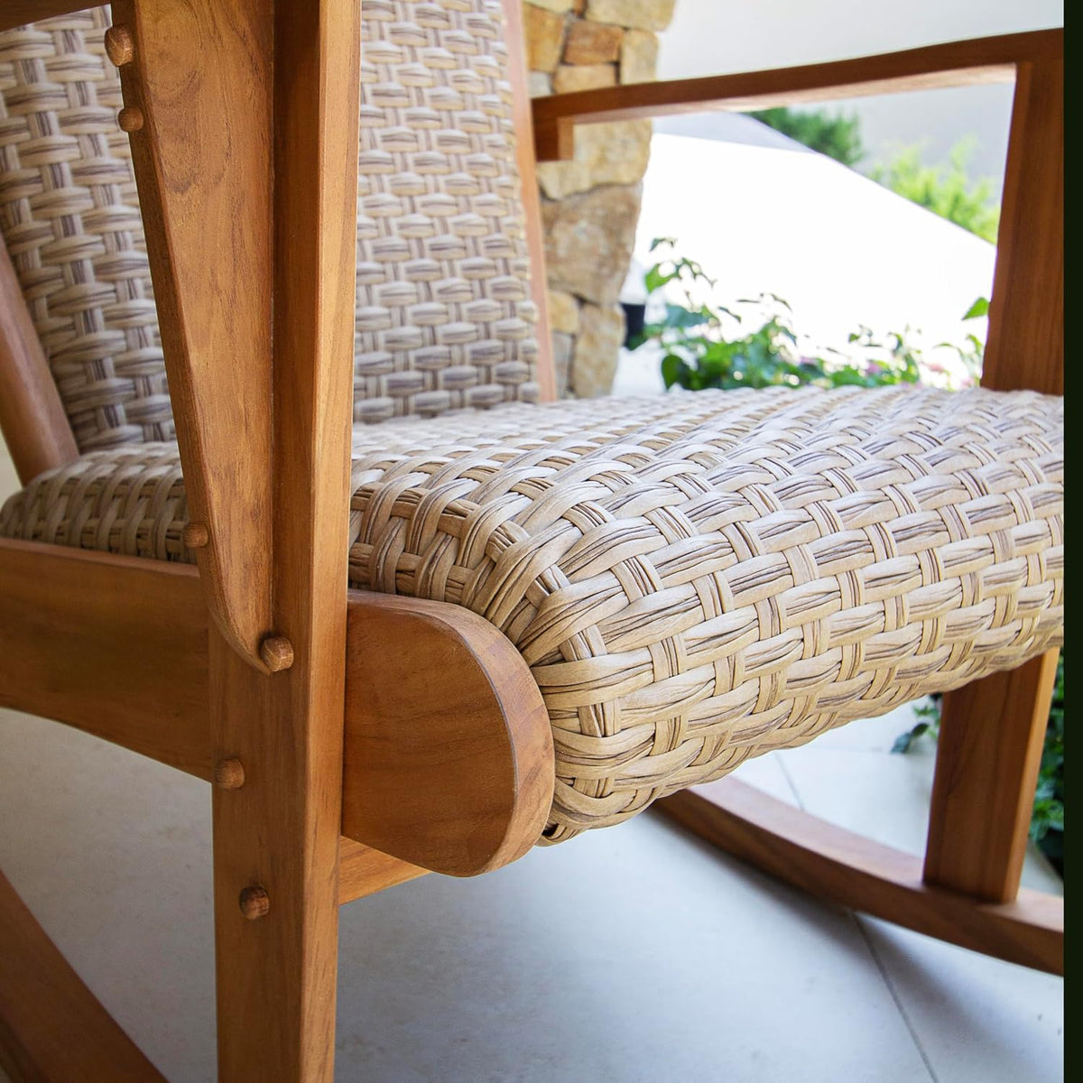 Cambridge Casual Camden 3-Piece Teak Wood Patio Conversation Set Beige Wicker, Padded Woven Seat, Deep Seating Rocking Chair Set of 2 with Side Table, Quick Dry Foam