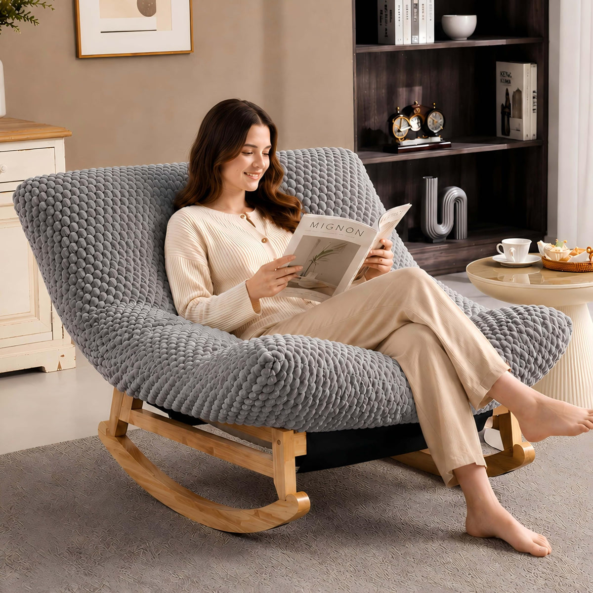 Oversized Rocking Chair Indoor with Corduroy Cushion (Light Grey)