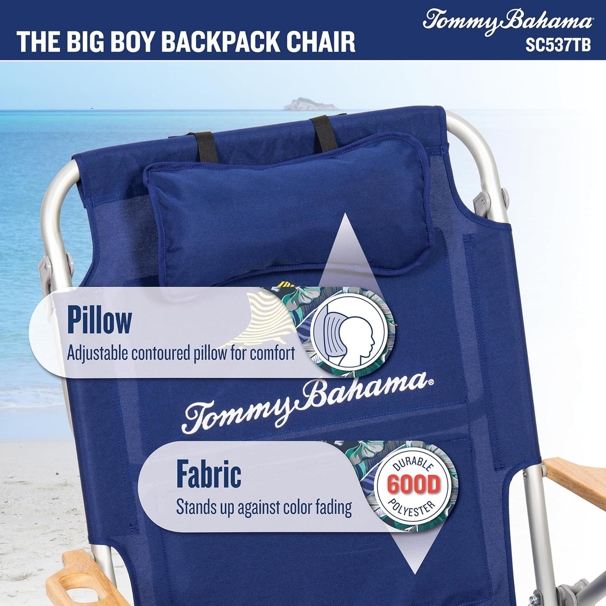 Tommy Bahama Wide Seat Big Boy 4-Position Folding 13" High Seat Backpack Beach or Camping Chair, Navy