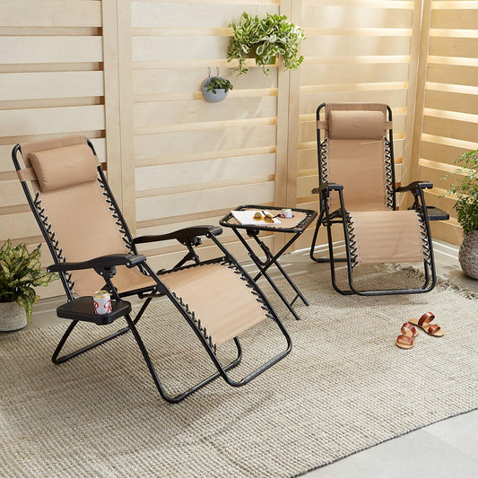 Amazon Basics Outdoor Textilene Adjustable Zero Gravity Folding Reclining Lounge Chair Set with Cup Holder, Side Table, Headrest, Weather-Resistant, 35 x 26 x 43 inches, Beige, 2-Pack