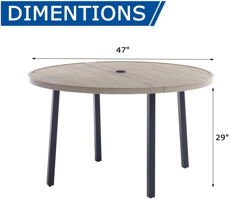 42" Round Patio Dining Table for 4, All-Weather Metal Patio Table with Umbrella Hole, Outdoor Round Dining Table for Lawn Garden Porch, Honey Oak