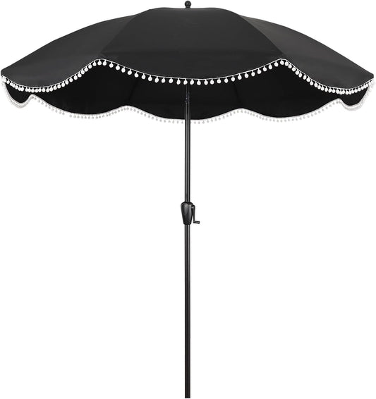 9' Patio Umbrella with Black Canopy and White Fringe Accents, Black Frame Market Umbrella for Patio, Deck, and Backyard by Sun-Ray