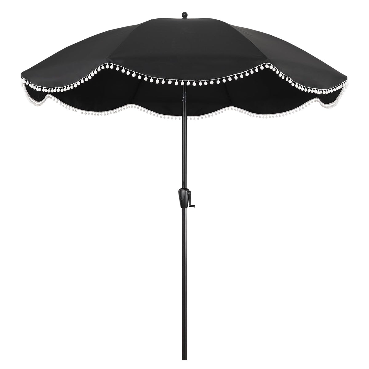 9' Patio Umbrella with Black Canopy and White Fringe Accents, Black Frame Market Umbrella for Patio, Deck, and Backyard by Sun-Ray