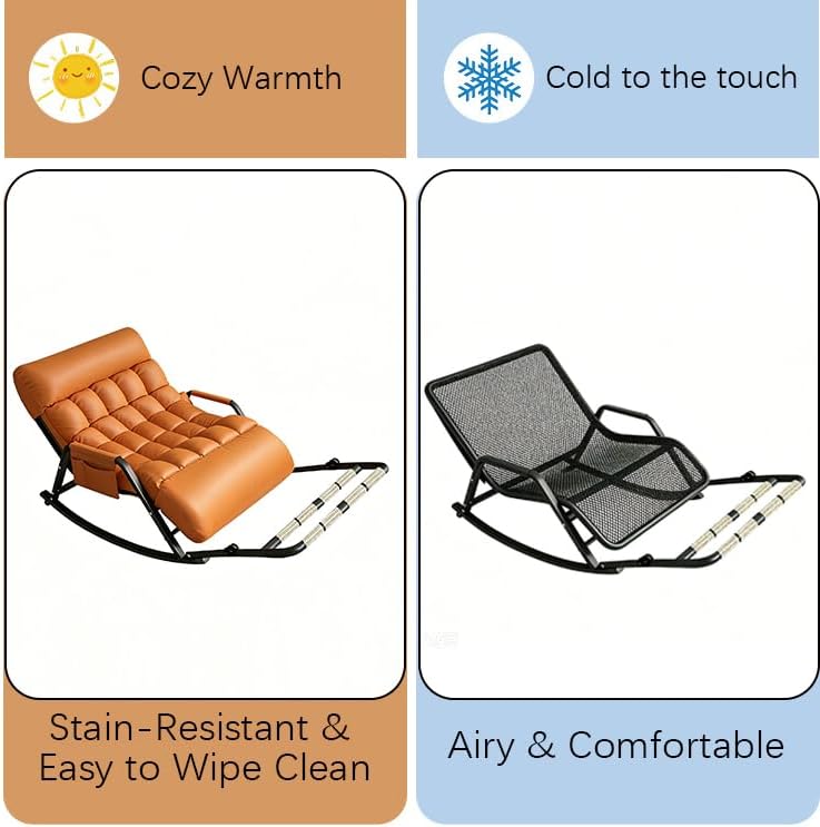 Tufted Rocking Chair with Side Pocket, Orange Faux Leather, Metal Frame, Modern Lounge Accent Chair